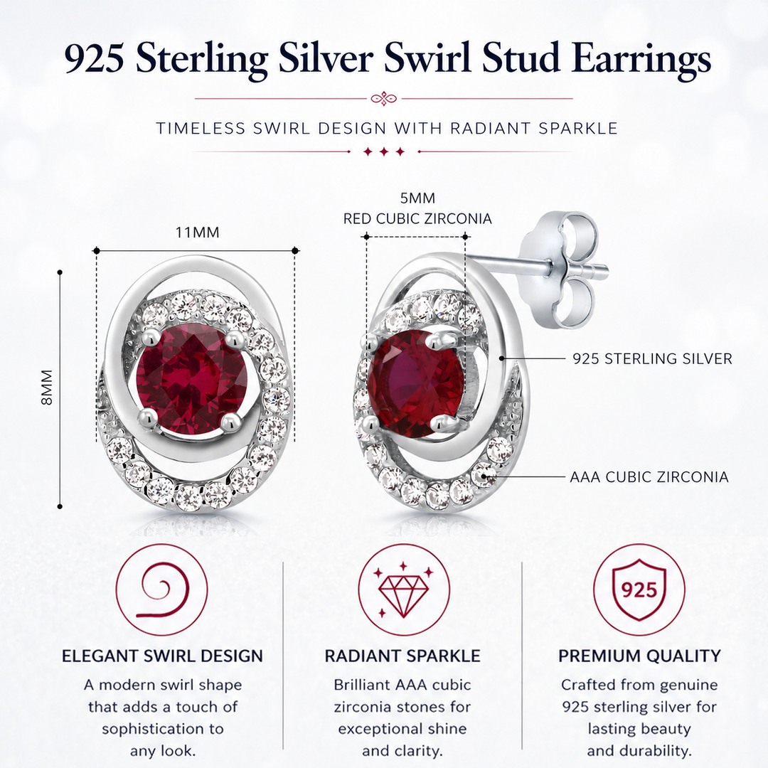 925 Sterling Silver Round CZ Red Swirl Design Studs Earring, Red CZ Studs, Red Zirconia Studs, Garnet Jewelry, January Birthstone Jewelry