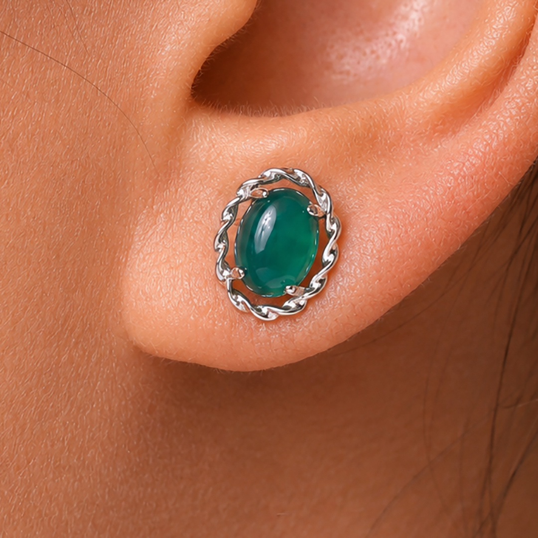 925 Sterling Silver Simulated Green Chalcedony Stud Earrings, Oval Created Chalcedony Studs, Oval Shaped Studs, Green Stone Studs For Gift, Green stone Studs, Gift Jewelry