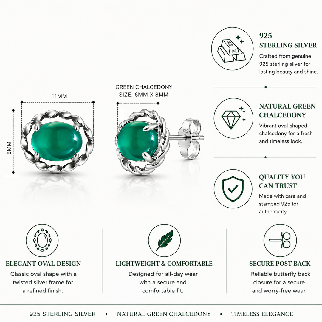 925 Sterling Silver Simulated Green Chalcedony Stud Earrings, Oval Created Chalcedony Studs, Oval Shaped Studs, Green Stone Studs For Gift, Green stone Studs, Gift Jewelry