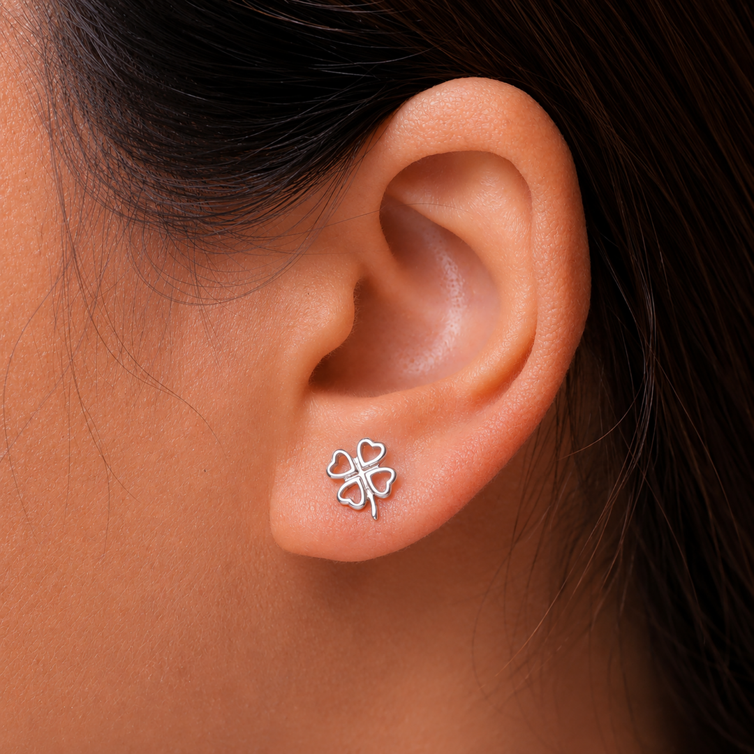 925 Sterling Silver Lucky Leaf Studs Earrings, Clover Stud, Lucky Leaf Jewelry, Clover Post Stud Earrings, Plant Jewelry, Four Leaf Studs