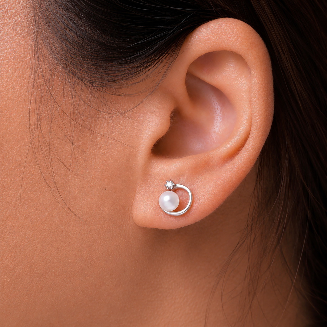 925 Sterling Silver Pearl Studs Earrings, Cz Studs Earrings, Silver Studs Earrings, C Shape Pearl Stud Earrings, Pearl And Cz Stud Earrings