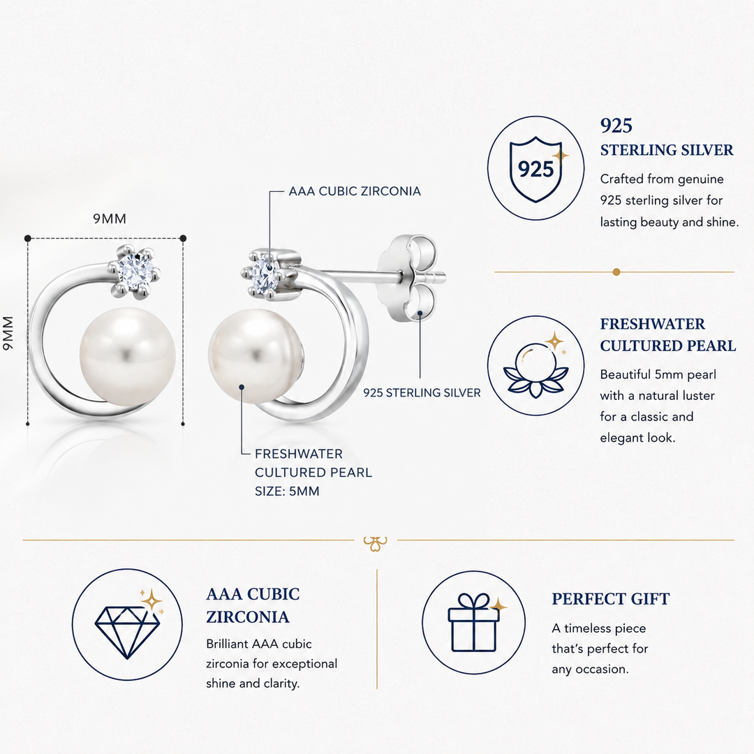 925 Sterling Silver Pearl Studs Earrings, Cz Studs Earrings, Silver Studs Earrings, C Shape Pearl Stud Earrings, Pearl And Cz Stud Earrings