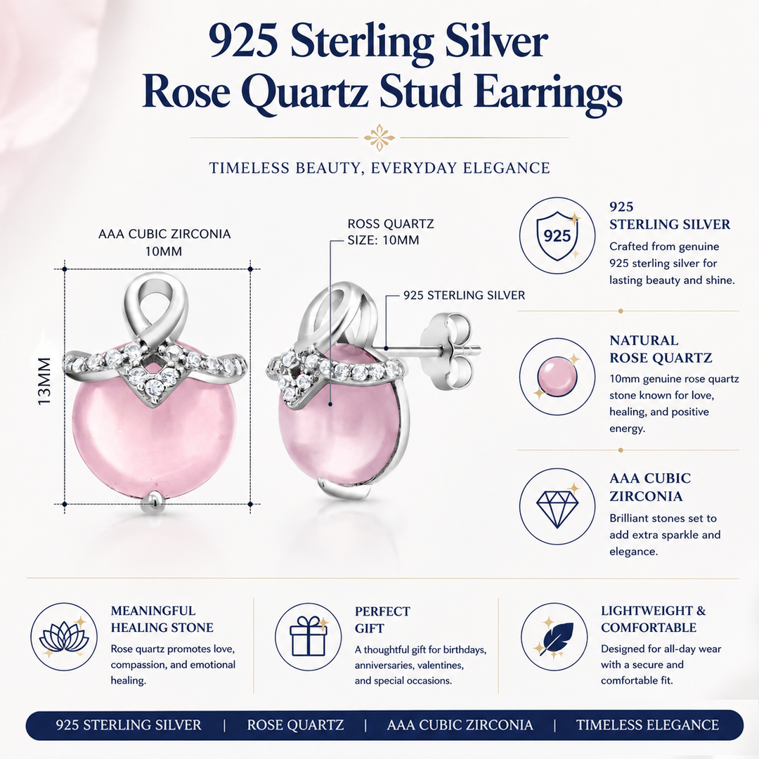 925 Sterling Silver Rose Quartz Stud, Rose Quartz Earrings, Pink Reiki jewelry, January Birthstone, 10mm Rose Quartz studs, Pink Rose Studs