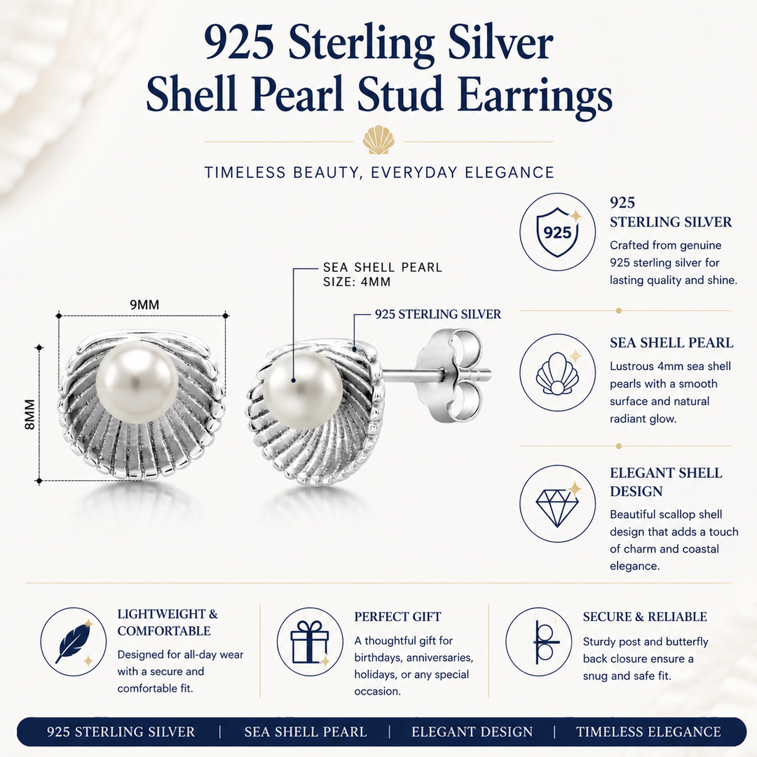 925 Sterling Silver Pearl Studs, Scallop Seashell Pearl Studs Earrings, Scallop Studs For Women, Summer Pearl Studs, Scallop Pearl Earrings, Shell Stud Earrings