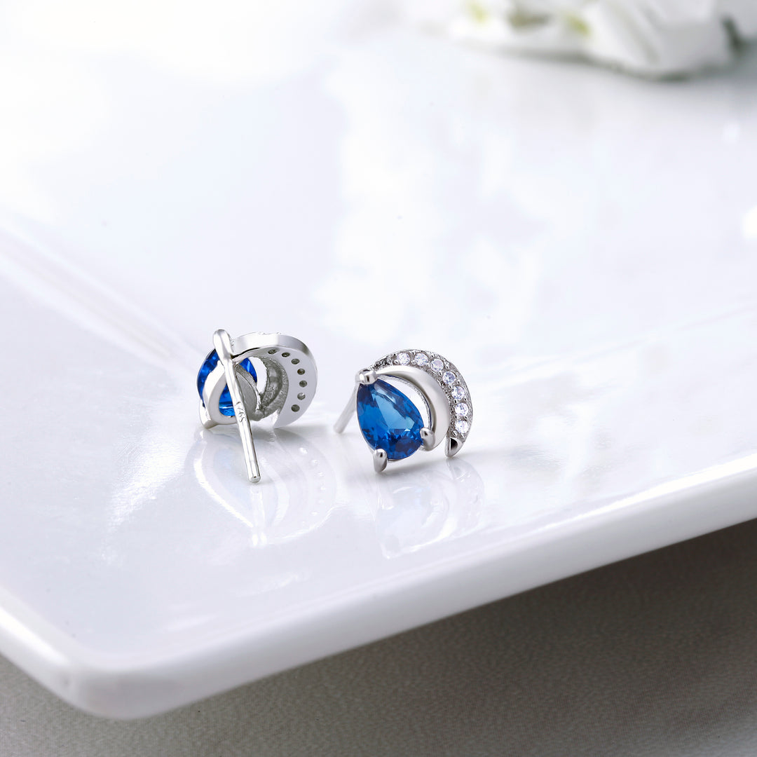 925 Sterling Silver Simulated Sapphire Earrings, Solid Silver CZ Studs Earrings, Simulated Sapphire Studs, September Birthstone Studs, Tear Drop Simulated Sapphire Studs Earrings