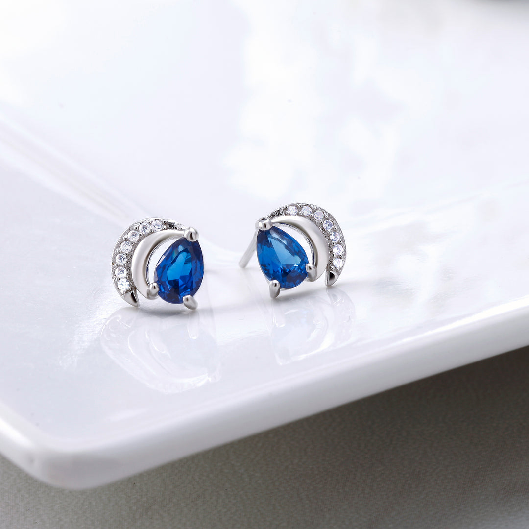 925 Sterling Silver Simulated Sapphire Earrings, Solid Silver CZ Studs Earrings, Simulated Sapphire Studs, September Birthstone Studs, Tear Drop Simulated Sapphire Studs Earrings