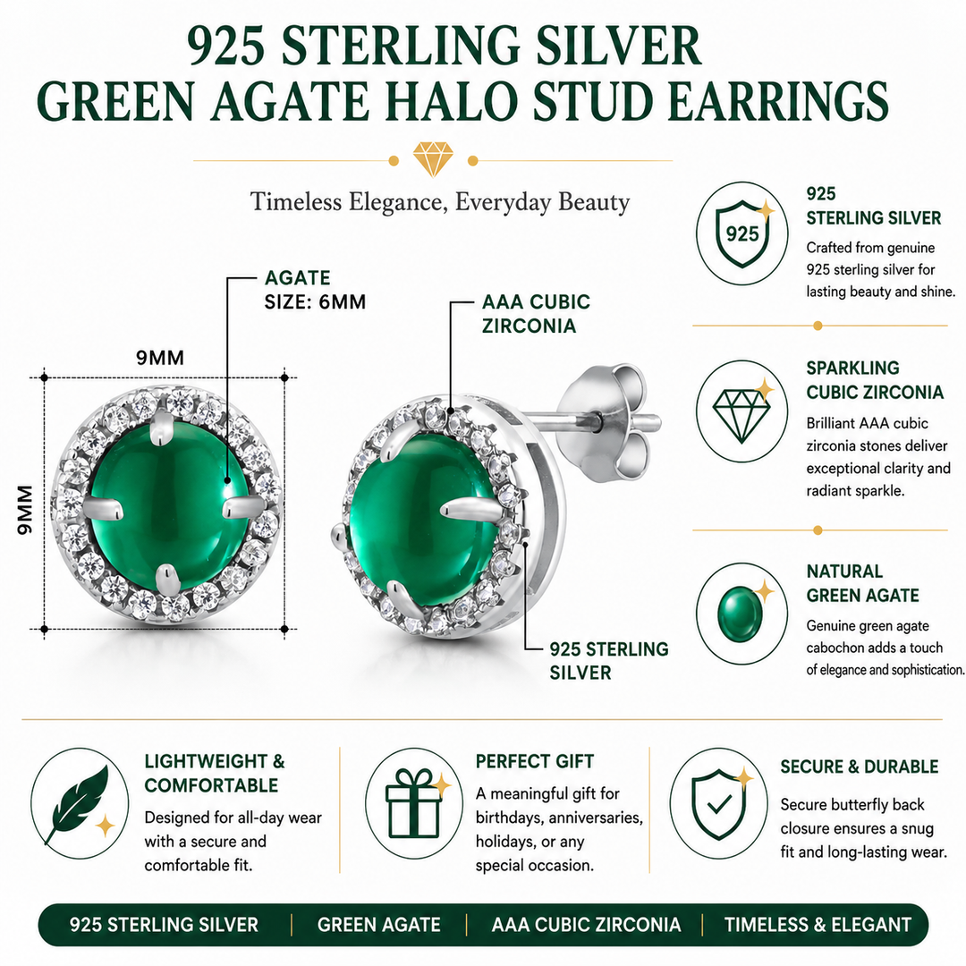 925 Sterling Silver Simulated Agate Halo Studs, Green Agate Stud Earrings, Hypoallergenic Halo Stud Earrings, Simulated Green Agate Halo Stud Earrings