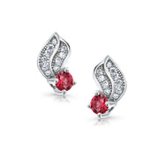 925 Sterling Silver Cubic Zirconia Leaf Design Earrings, Silver Studs Earrings, Red CZ Pave Studs, Pave Studs for Gift, Hypoallergenic Stud Earrings