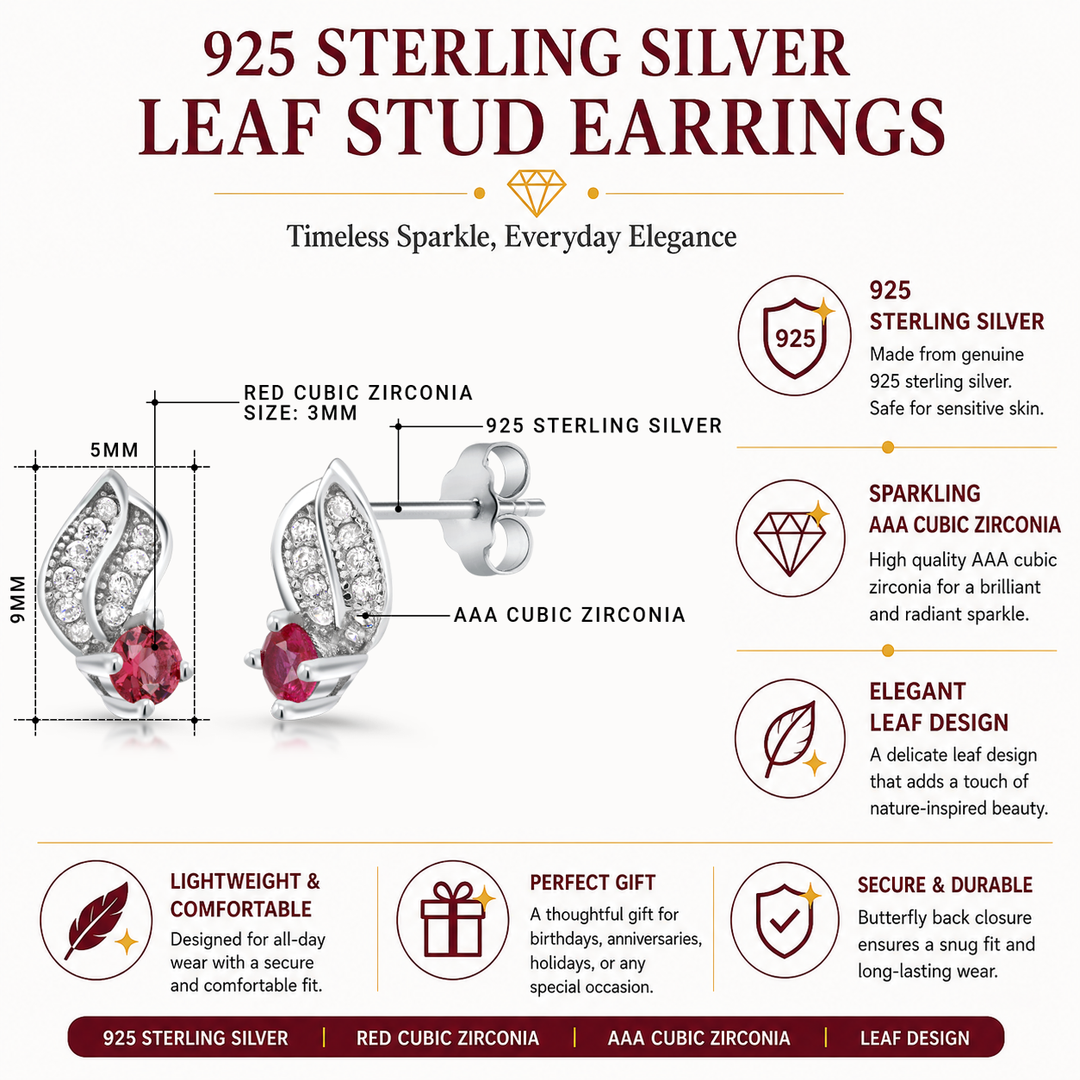 925 Sterling Silver Cubic Zirconia Leaf Design Earrings, Silver Studs Earrings, Red CZ Pave Studs, Pave Studs for Gift, Hypoallergenic Stud Earrings