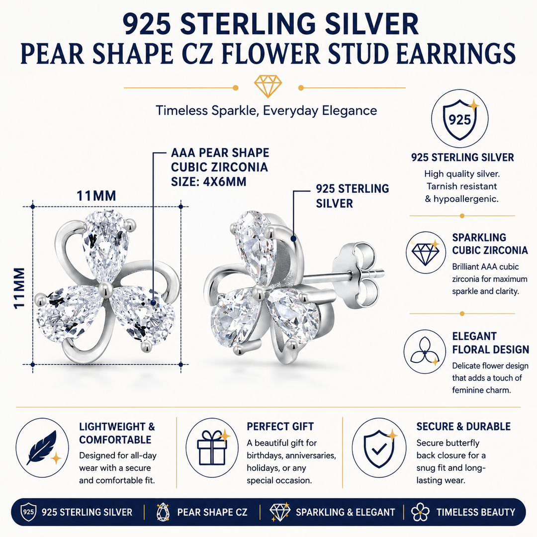 925 Sterling Silver Pear Shape Cubic Zirconia Flower Stud Earrings, Silver Pear shape Studs, CZ Studs Earrrings, Hypoallergenic Flower Stud Earrings, Perfect For Any Occasion