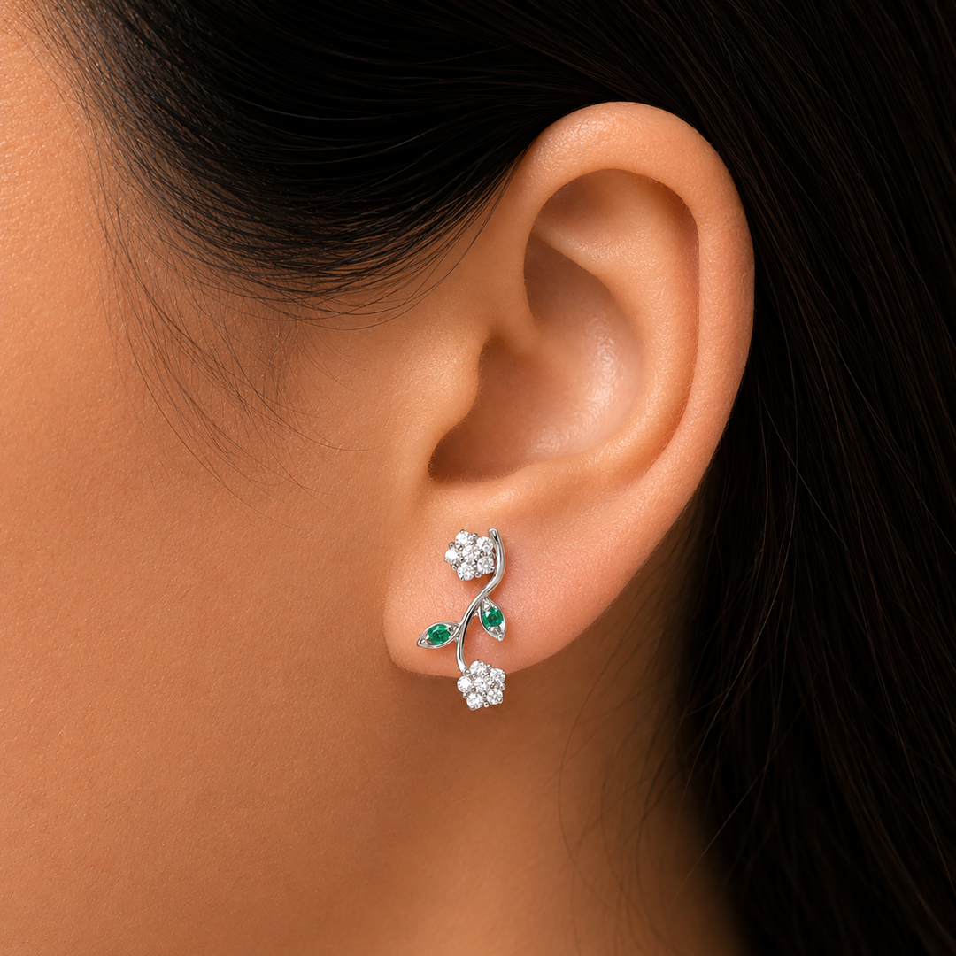 925 Sterling Silver Cz Flower Earring, Flower Design Earrings, White and Green Cz Flower Earrings, CZ Flower Earrings, Hypoallergenic Stud Earrings