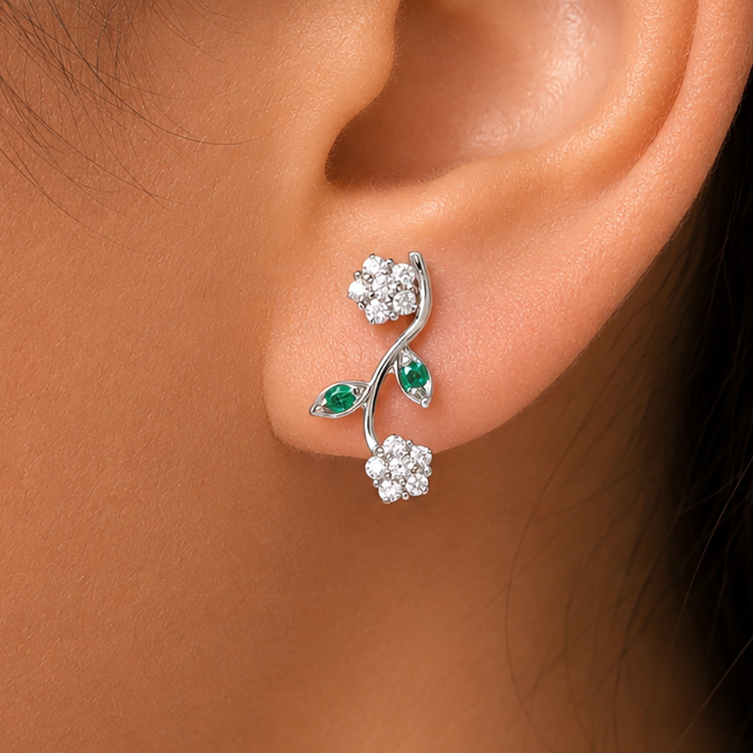 925 Sterling Silver Cz Flower Earring, Flower Design Earrings, White and Green Cz Flower Earrings, CZ Flower Earrings, Hypoallergenic Stud Earrings
