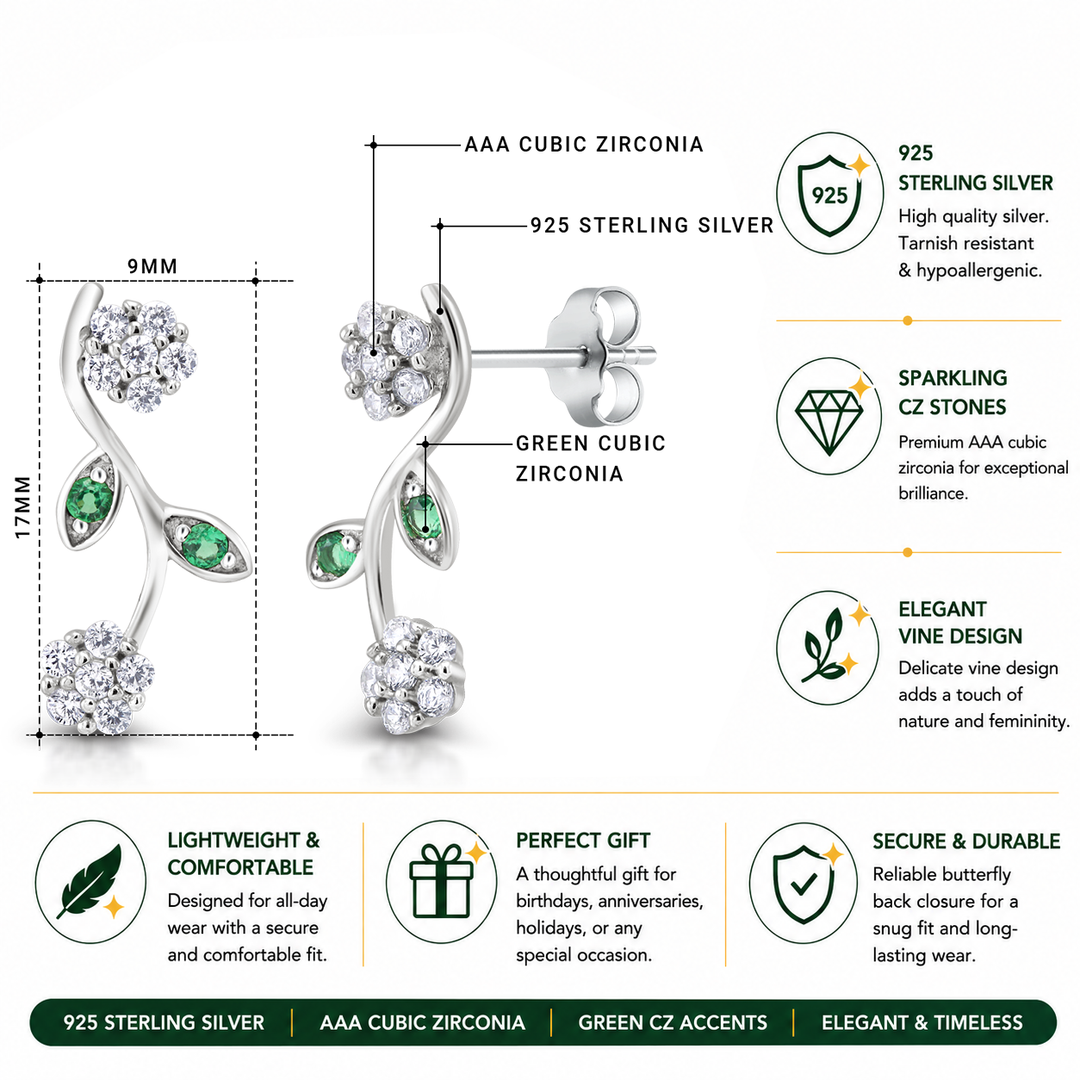 925 Sterling Silver Cz Flower Earring, Flower Design Earrings, White and Green Cz Flower Earrings, CZ Flower Earrings, Hypoallergenic Stud Earrings