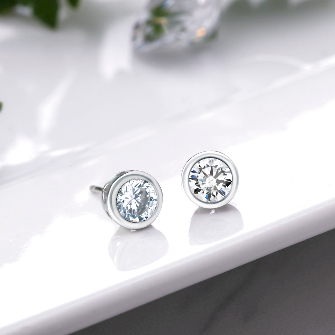 925 Sterling Silver Cubic Zirconia Bezel-Set Earrings, CZ Silver Bezel Studs Earrings,&nbsp; Bezel Earrings For Gift, Hypoallergenic Bezel Studs, Classic Bezel Stud Earrings