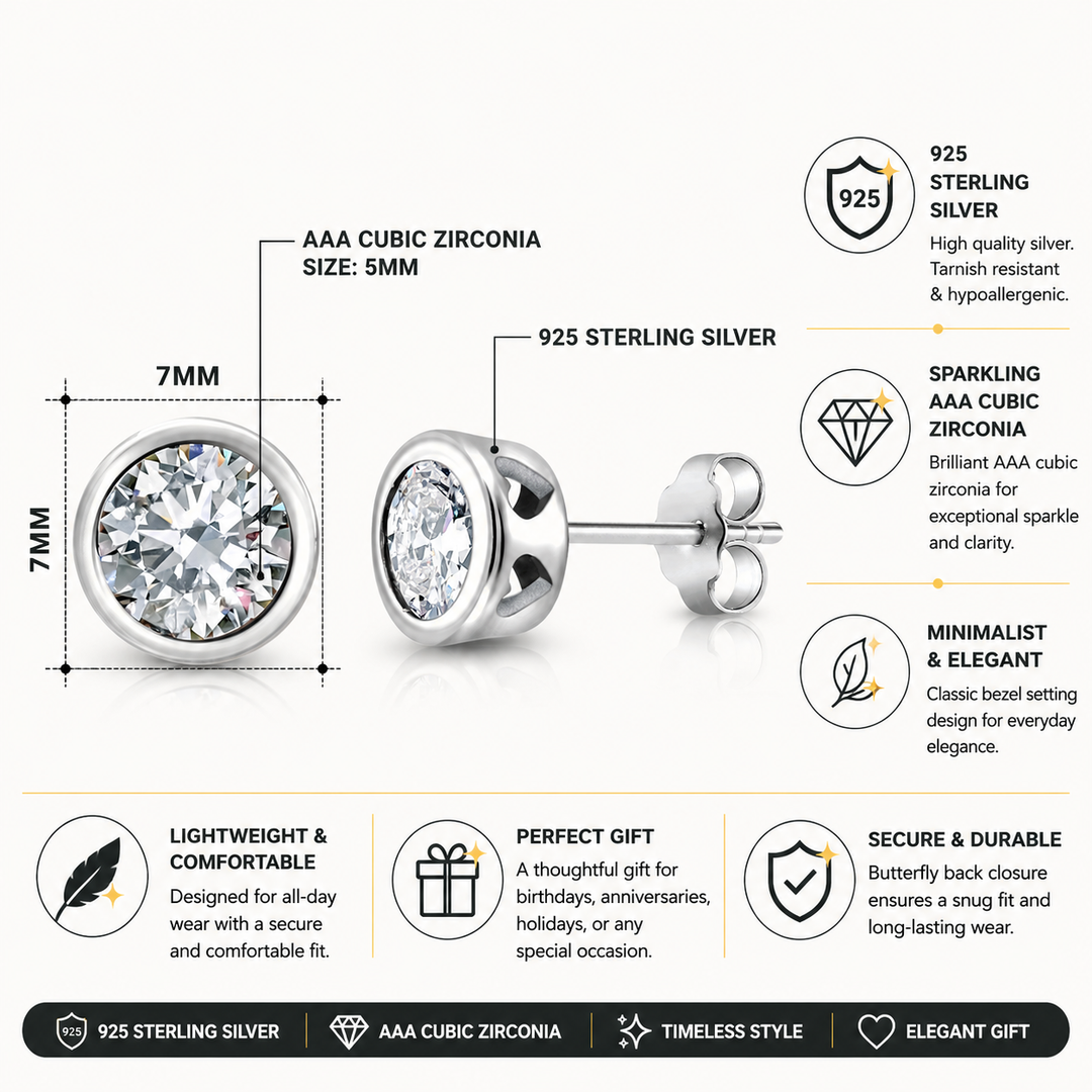 925 Sterling Silver Cubic Zirconia Bezel-Set Earrings, CZ Silver Bezel Studs Earrings,&nbsp; Bezel Earrings For Gift, Hypoallergenic Bezel Studs, Classic Bezel Stud Earrings