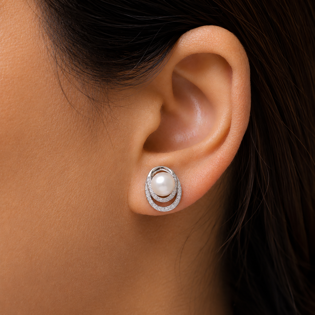 925 Sterling Silver Swirl Pearl And Cz Studs, Silver Swirl Pearl Stud Earrings, Pearl Jewelry, Hypoallergenic Pearl Stud Earrings, Classic Studs