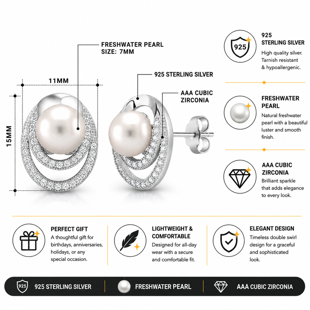 925 Sterling Silver Swirl Pearl And Cz Studs, Silver Swirl Pearl Stud Earrings, Pearl Jewelry, Hypoallergenic Pearl Stud Earrings, Classic Studs