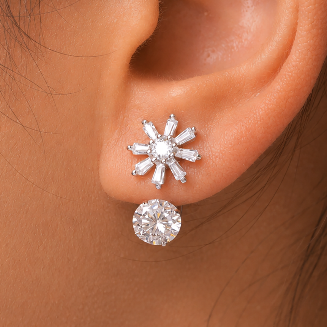925 Sterling Silver Cubic Zirconia 2 in 1 Flower Design Stud Earrings, Double sided Studs Earrings, Hypoallergenic Flower Stud Earrings