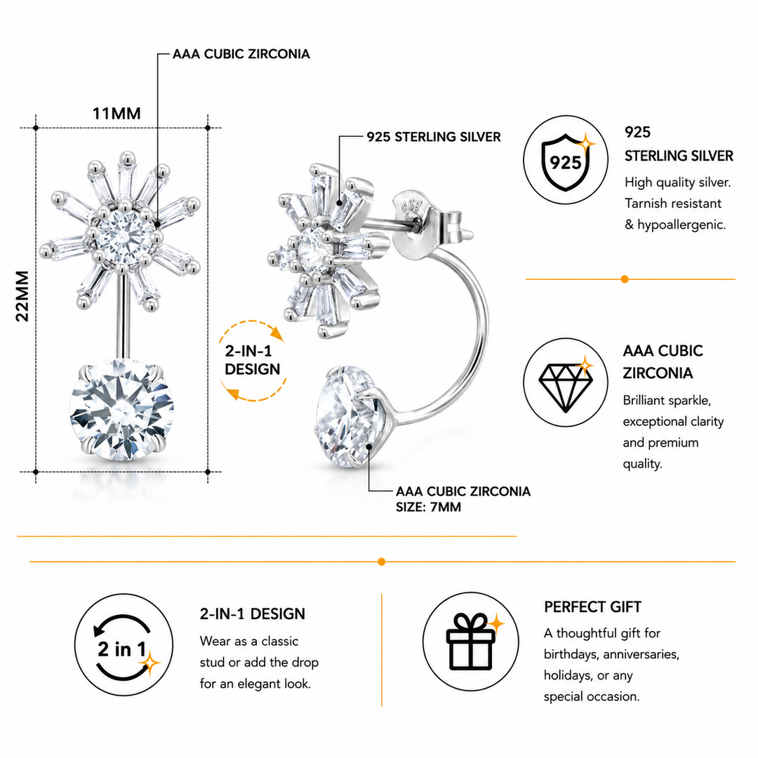 925 Sterling Silver Cubic Zirconia 2 in 1 Flower Design Stud Earrings, Double sided Studs Earrings, Hypoallergenic Flower Stud Earrings