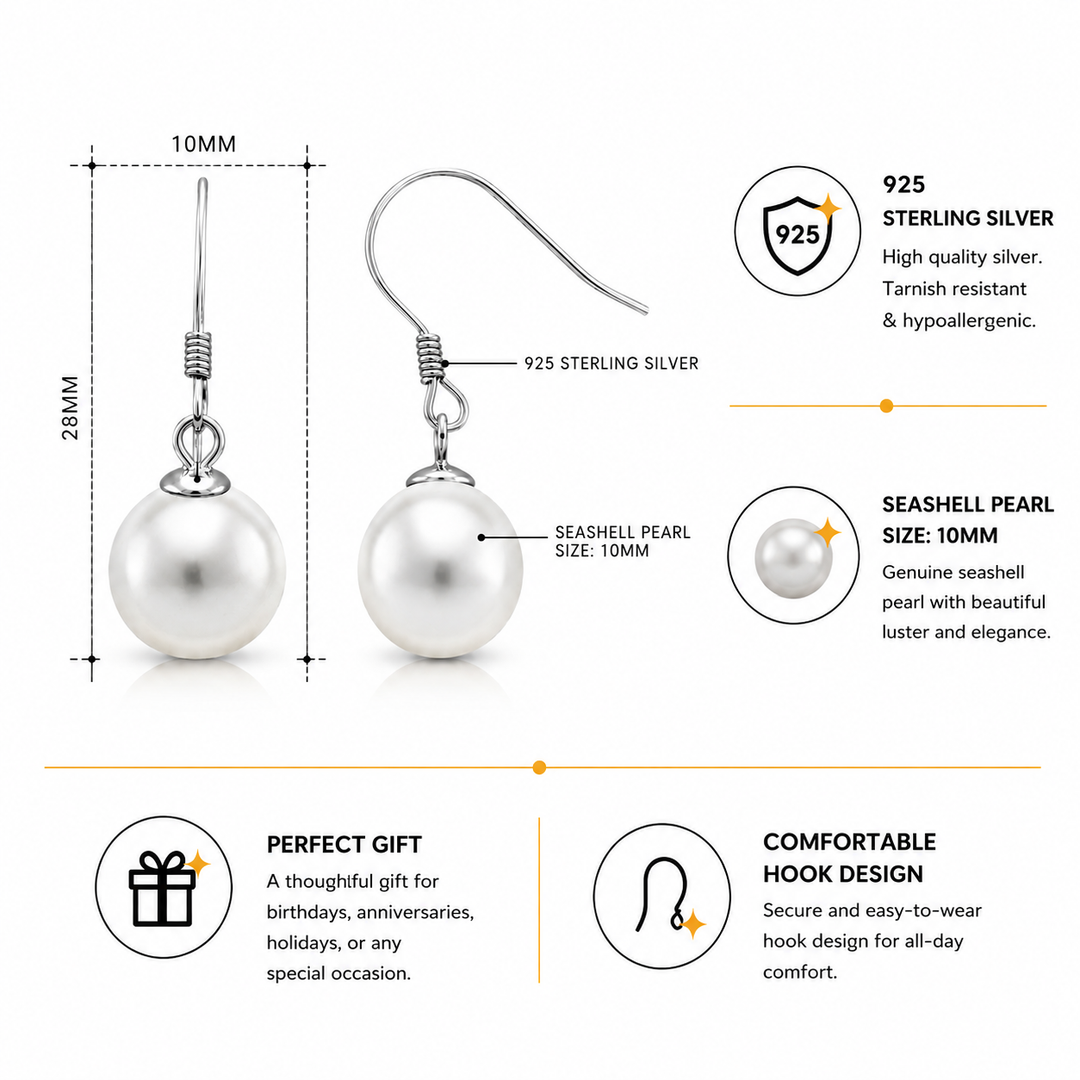 925 Sterling Silver Round Pearl Dangle Earrings, Dangle Pearl Earrings, Drop Pearl Earrings, Classic Pearl Dangle Earrings, Hypoallergenic Dangle Earrings