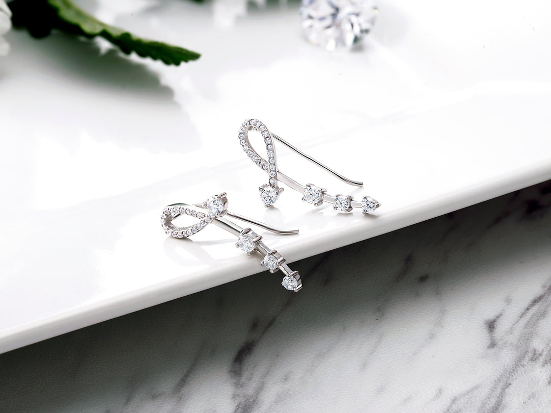 925 Sterling Silver CZ Climber Hook Earrings For Women, CZ Hook Earrings, Classic Climber Earrings