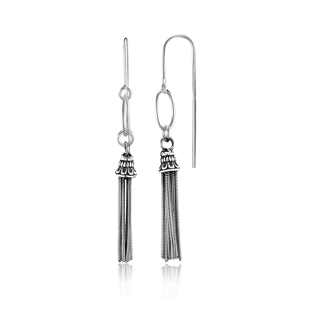 925 Sterling Silver Tassel Earrings,  Multi-Strand Snake-Cut Italian Chain Tassel Earrings,  Fishhook Tassel Earrings, Oxidize Tassel Earrings