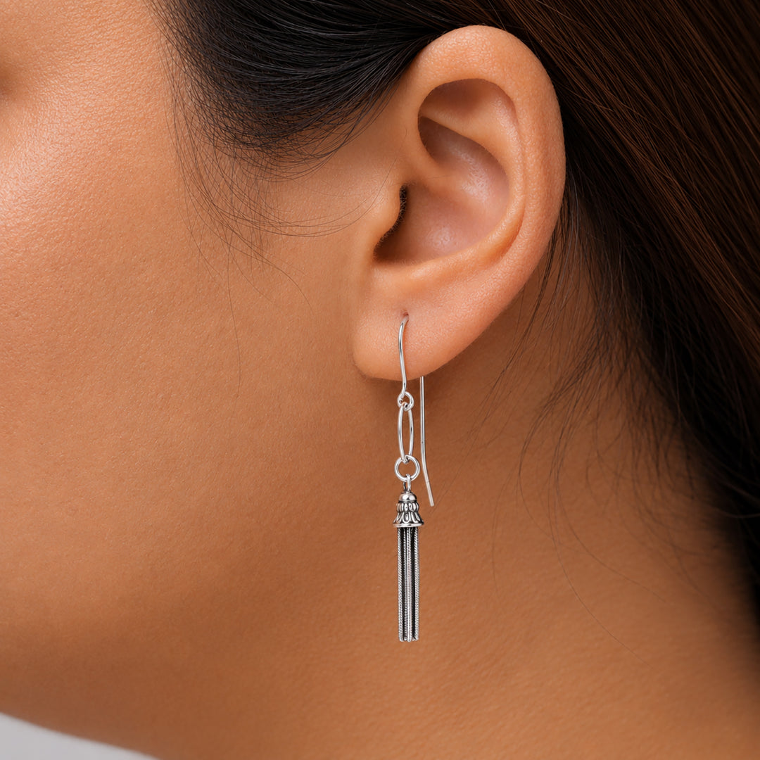 925 Sterling Silver Tassel Earrings,  Multi-Strand Snake-Cut Italian Chain Tassel Earrings,  Fishhook Tassel Earrings, Oxidize Tassel Earrings