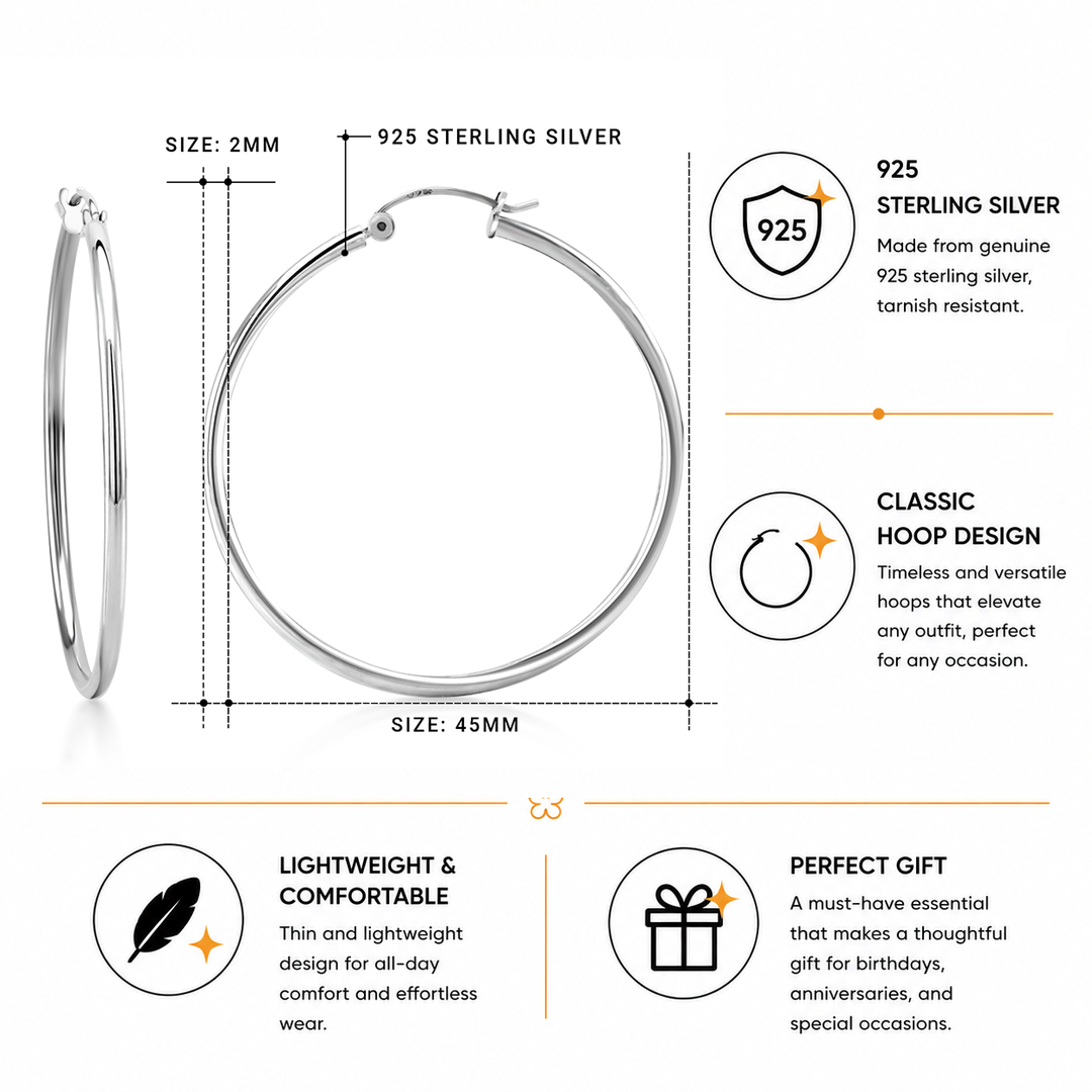925 Sterling Silver Hoops Earrings, Round Hoop Earrings, Classic Hoop Earrings, Everyday Earrings, Latch Back Hoop Earrings