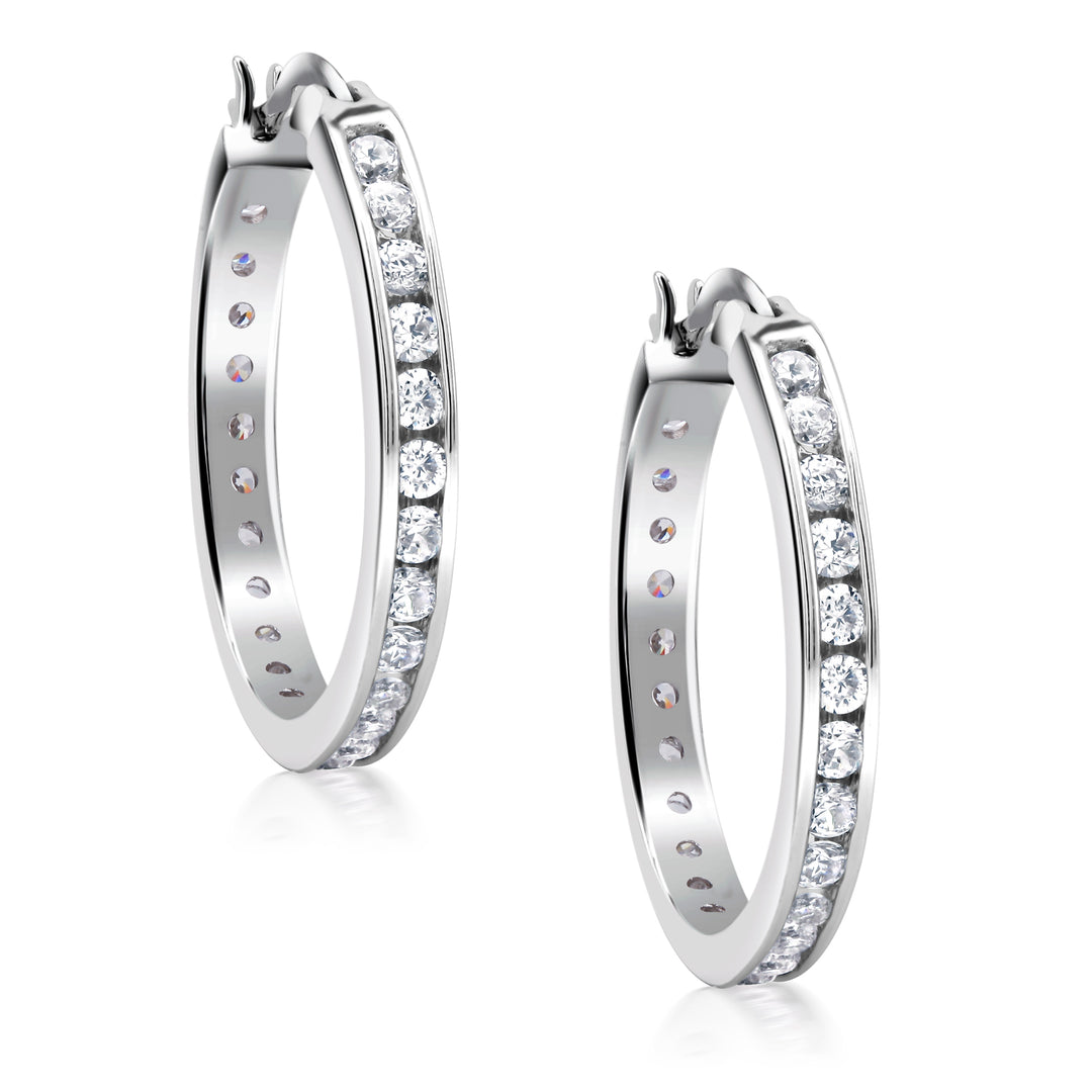 925 Sterling Silver CZ Hoop Earrings, High Quality Silver CZ Hoops, Classic Hoops Earring, Channel Set Round CZ Silver Hoop Earrings