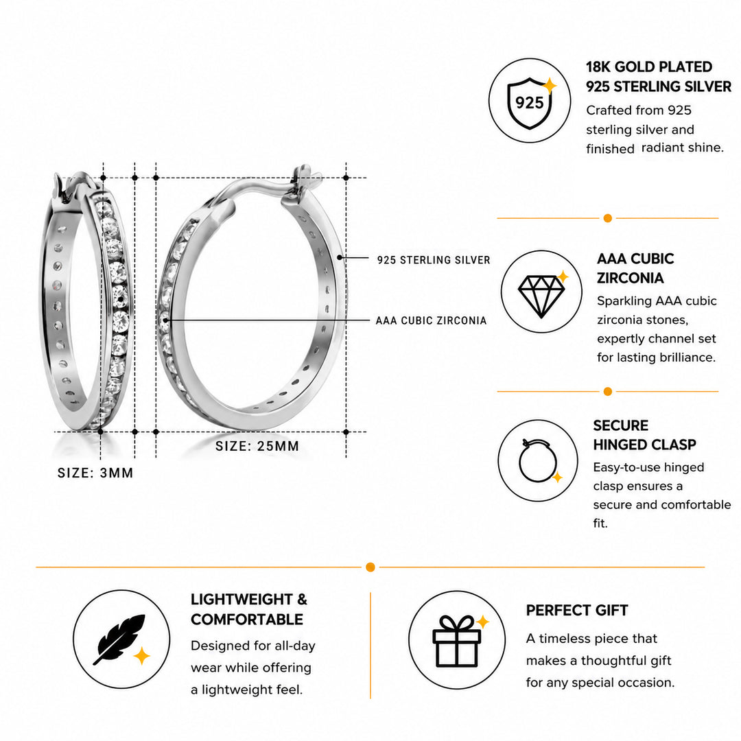925 Sterling Silver Inside Out Hoop Earrings for Women, 25mm Hypoallergenic Hoops with AAA Cubic Zirconia, Pave CZ Hinged Hoop Jewelry Gift