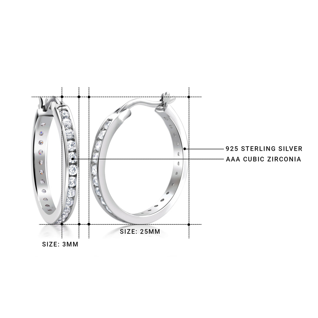 925 Sterling Silver CZ Hoop Earrings, High Quality Silver CZ Hoops, Classic Hoops Earring, Channel Set Round CZ Silver Hoop Earrings