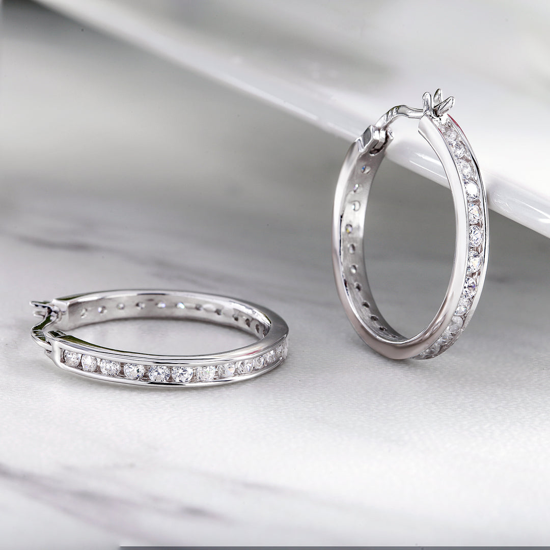 925 Sterling Silver CZ Hoop Earrings, High Quality Silver CZ Hoops, Classic Hoops Earring, Channel Set Round CZ Silver Hoop Earrings