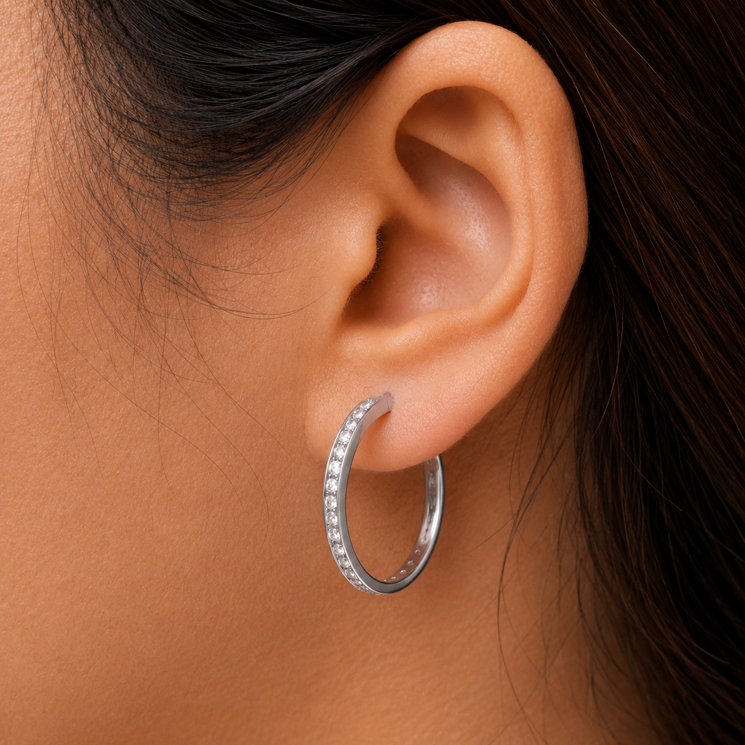 925 Sterling Silver Inside Out Hoop Earrings for Women, 25mm Hypoallergenic Hoops with AAA Cubic Zirconia, Pave CZ Hinged Hoop Jewelry Gift