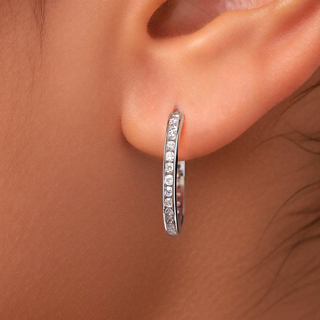 925 Sterling Silver Inside Out Hoop Earrings for Women, 25mm Hypoallergenic Hoops with AAA Cubic Zirconia, Pave CZ Hinged Hoop Jewelry Gift