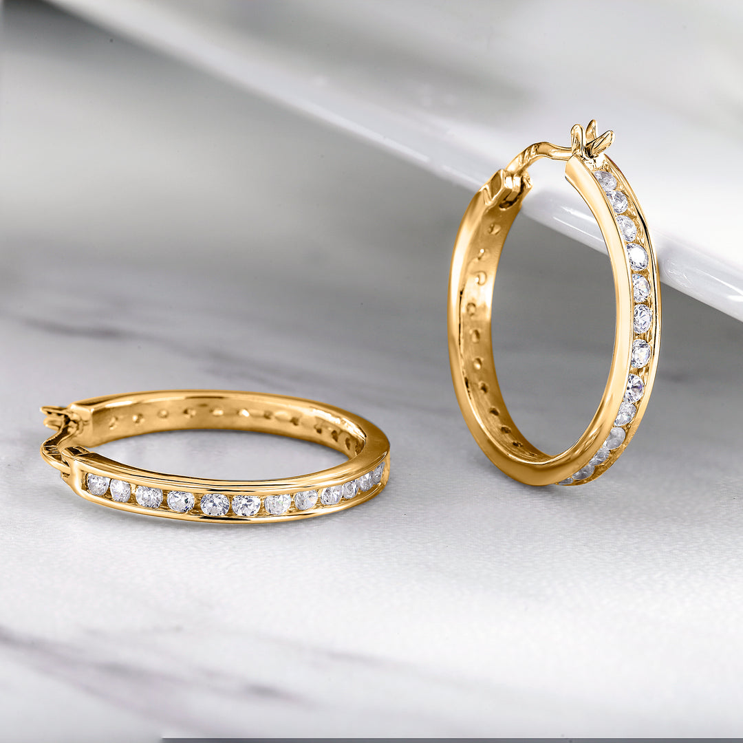 925 Sterling Silver CZ Hoop Earrings, High Quality Silver CZ Hoops, Classic Hoops Earring, Channel Set Round CZ Silver Hoop Earrings