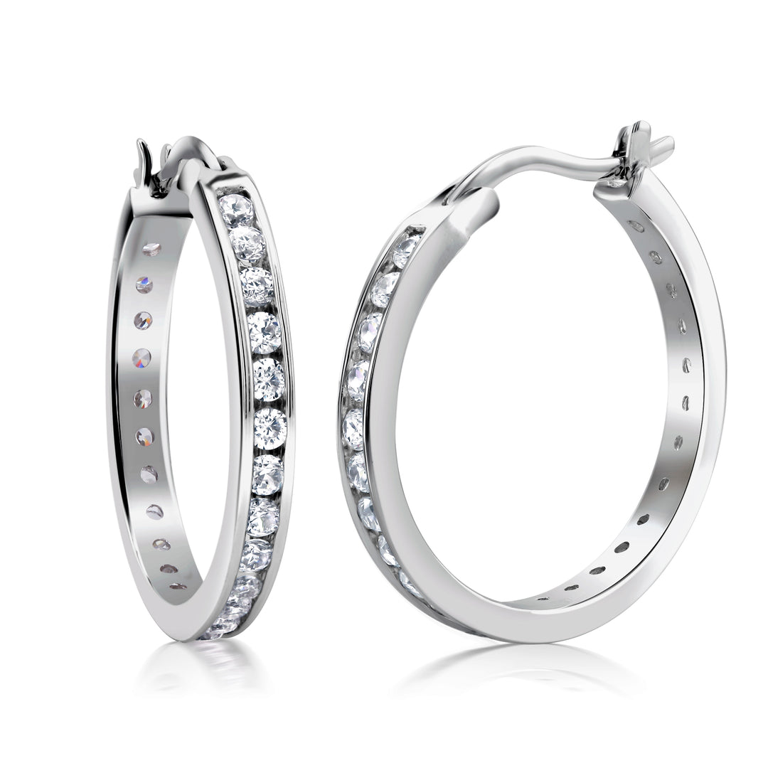 925 Sterling Silver CZ Hoop Earrings, High Quality Silver CZ Hoops, Classic Hoops Earring, Channel Set Round CZ Silver Hoop Earrings