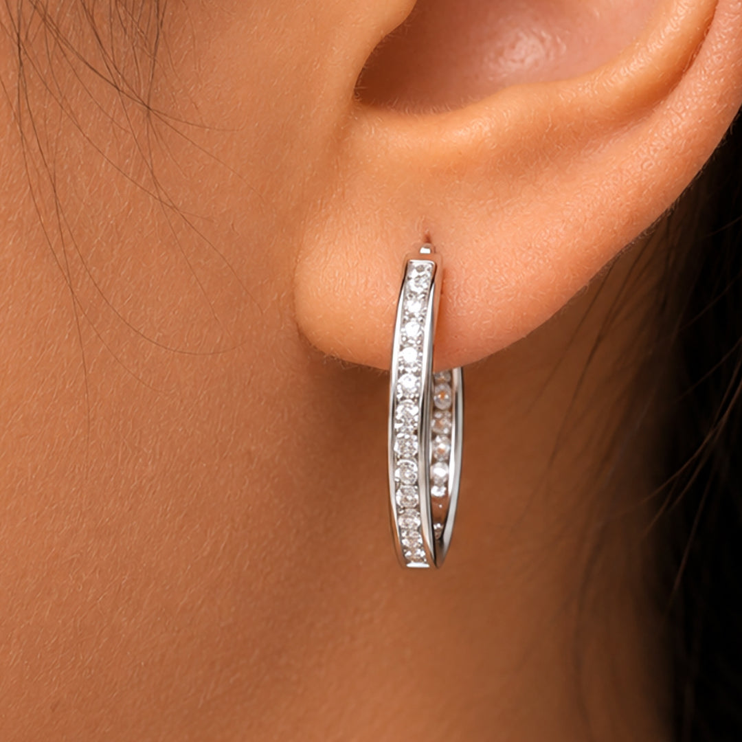 925 Sterling Silver 22mm Inside Out Hoop Hoop Earrings for Women, Hypoallergenic Hoops with Channel Set Cubic Zirconia, Classic Hinged Jewelry for Everyday & Evening Wear