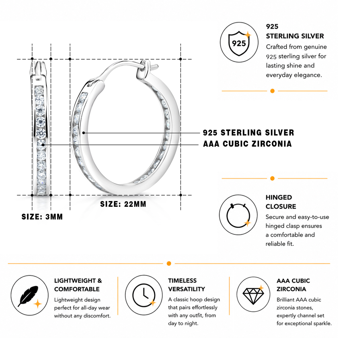 925 Sterling Silver 22mm Inside Out Hoop Hoop Earrings for Women, Hypoallergenic Hoops with Channel Set Cubic Zirconia, Classic Hinged Jewelry for Everyday & Evening Wear