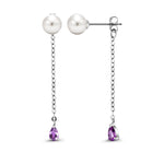 Load image into Gallery viewer, 925 Silver Pearl Dangle Earrings, Silver Pearl Dangle Earrings, White Pearl Earrings, Pearl And Amethyst Drop Earrings, 2 in 1 Drop Earrings
