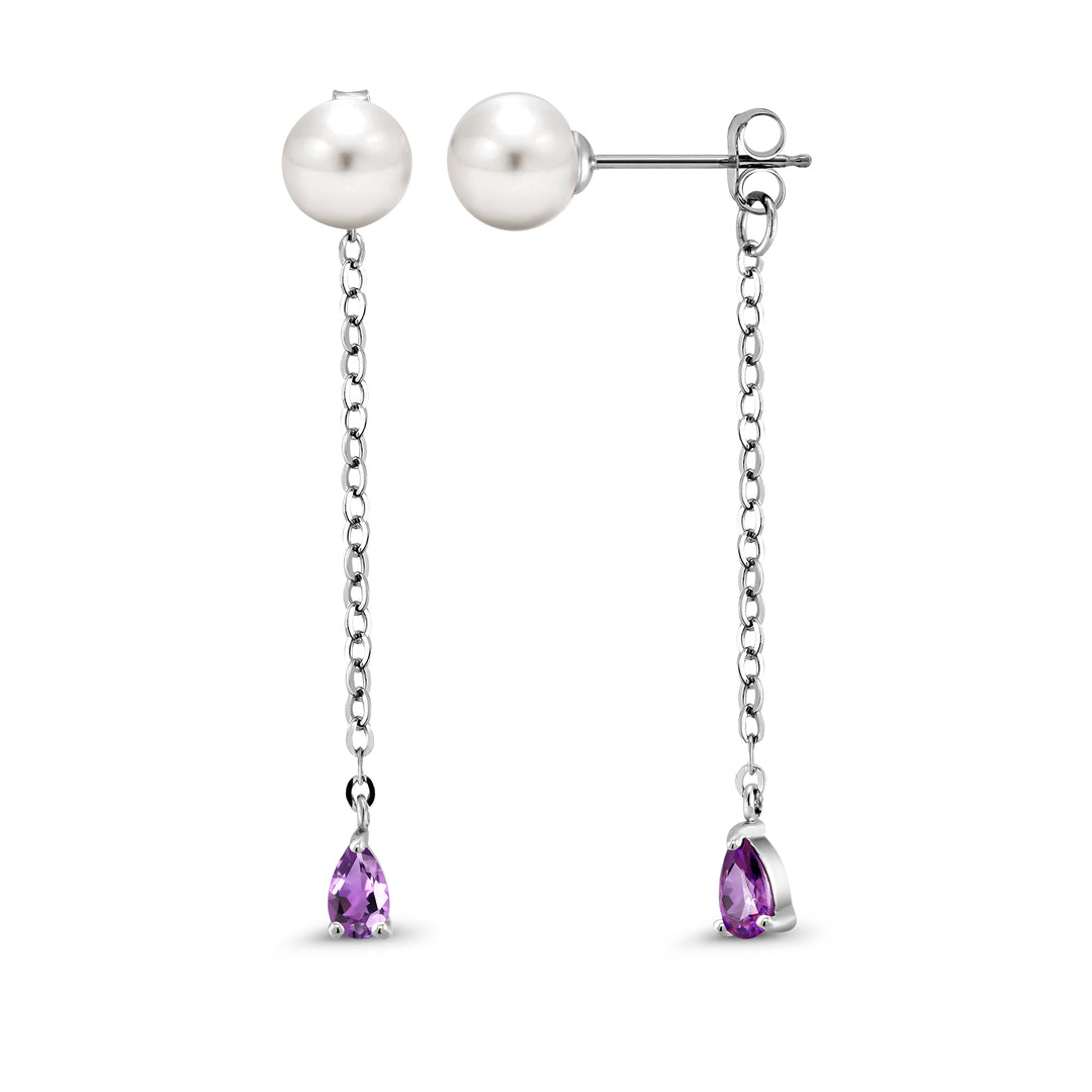 925 Silver Pearl Dangle Earrings, Silver Pearl Dangle Earrings, White Pearl Earrings, Pearl And Amethyst Drop Earrings, 2 in 1 Drop Earrings