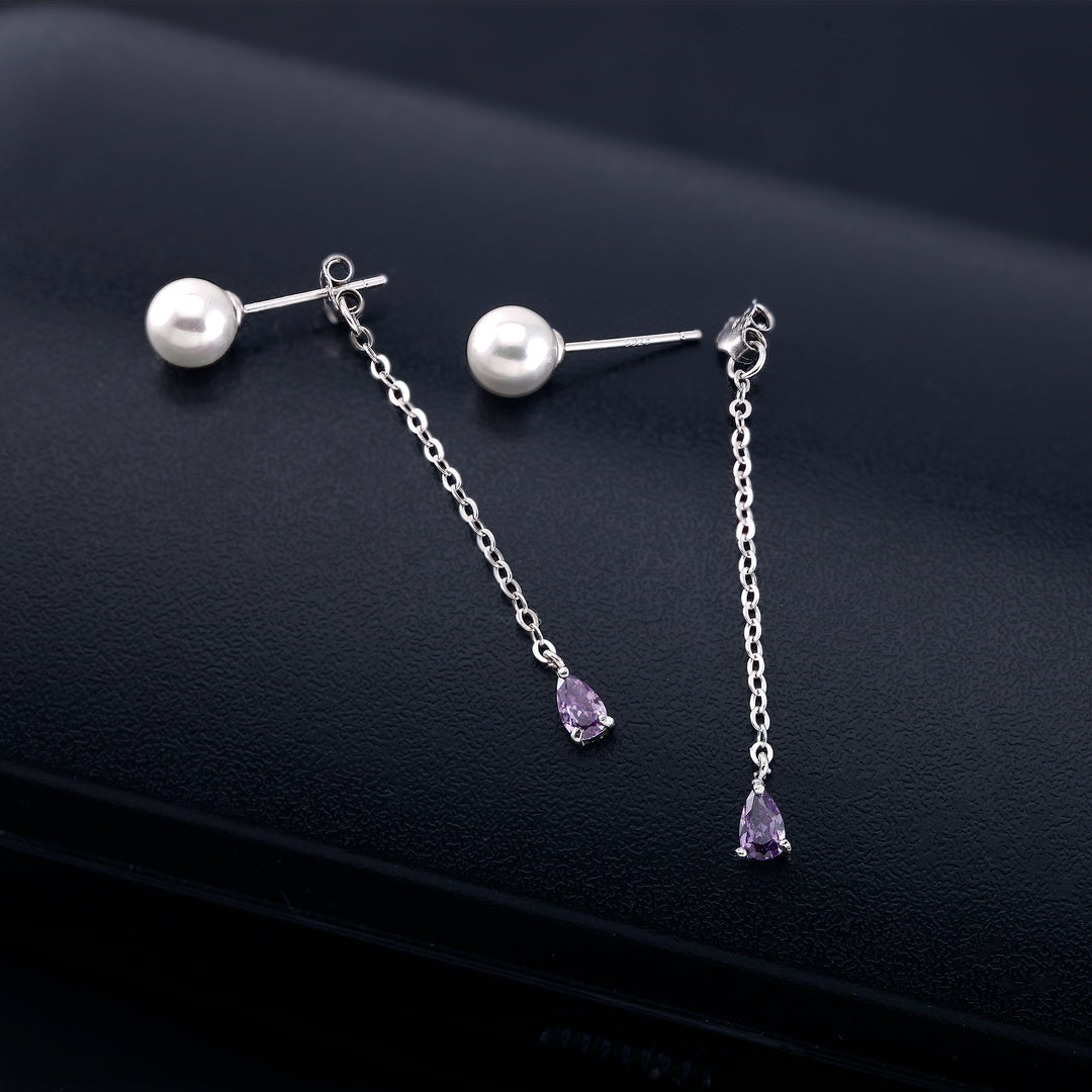 925 Silver Pearl Dangle Earrings, Silver Pearl Dangle Earrings, White Pearl Earrings, Pearl And Amethyst Drop Earrings, 2 in 1 Drop Earrings