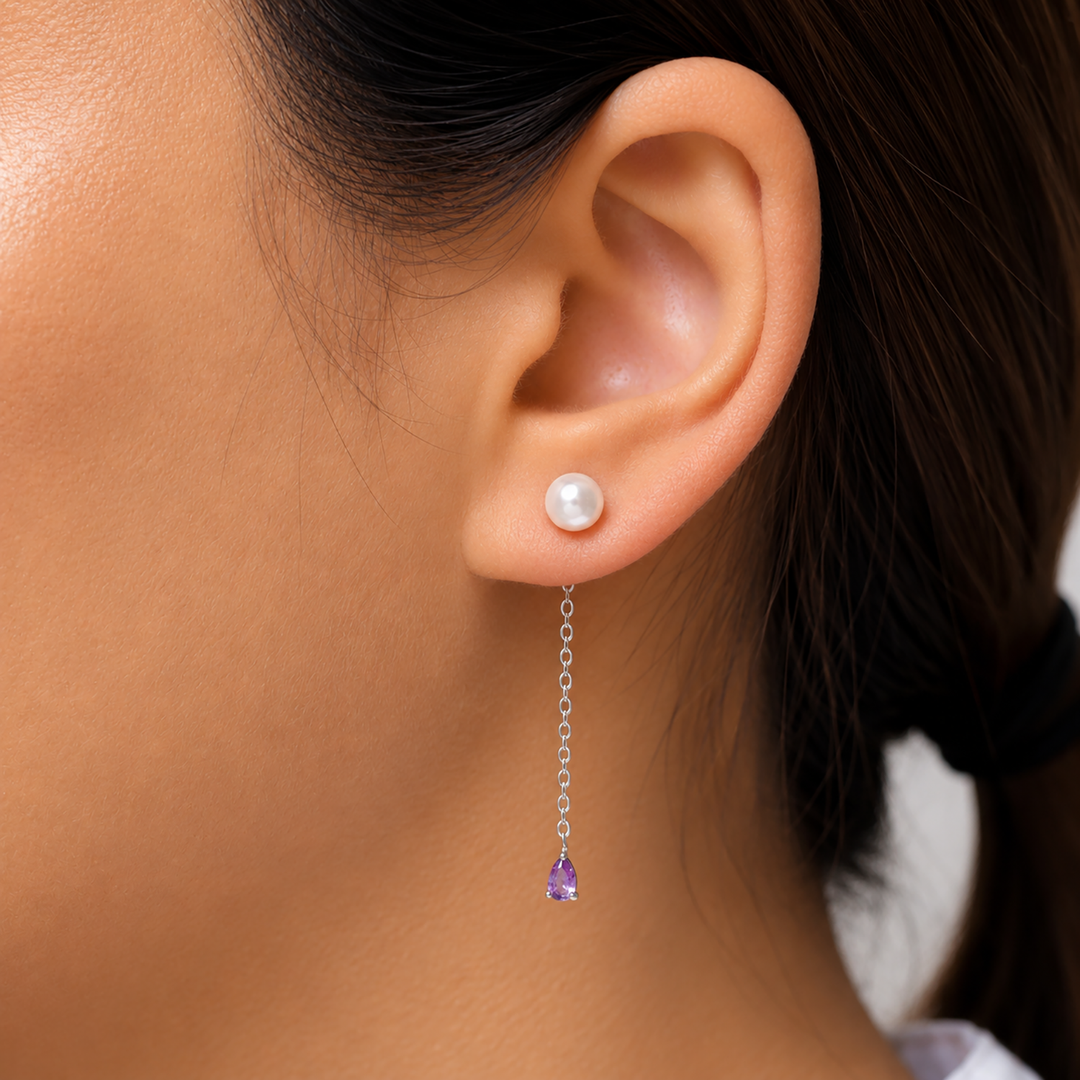 925 Silver Pearl Dangle Earrings, Silver Pearl Dangle Earrings, White Pearl Earrings, Pearl And Amethyst Drop Earrings, 2 in 1 Drop Earrings