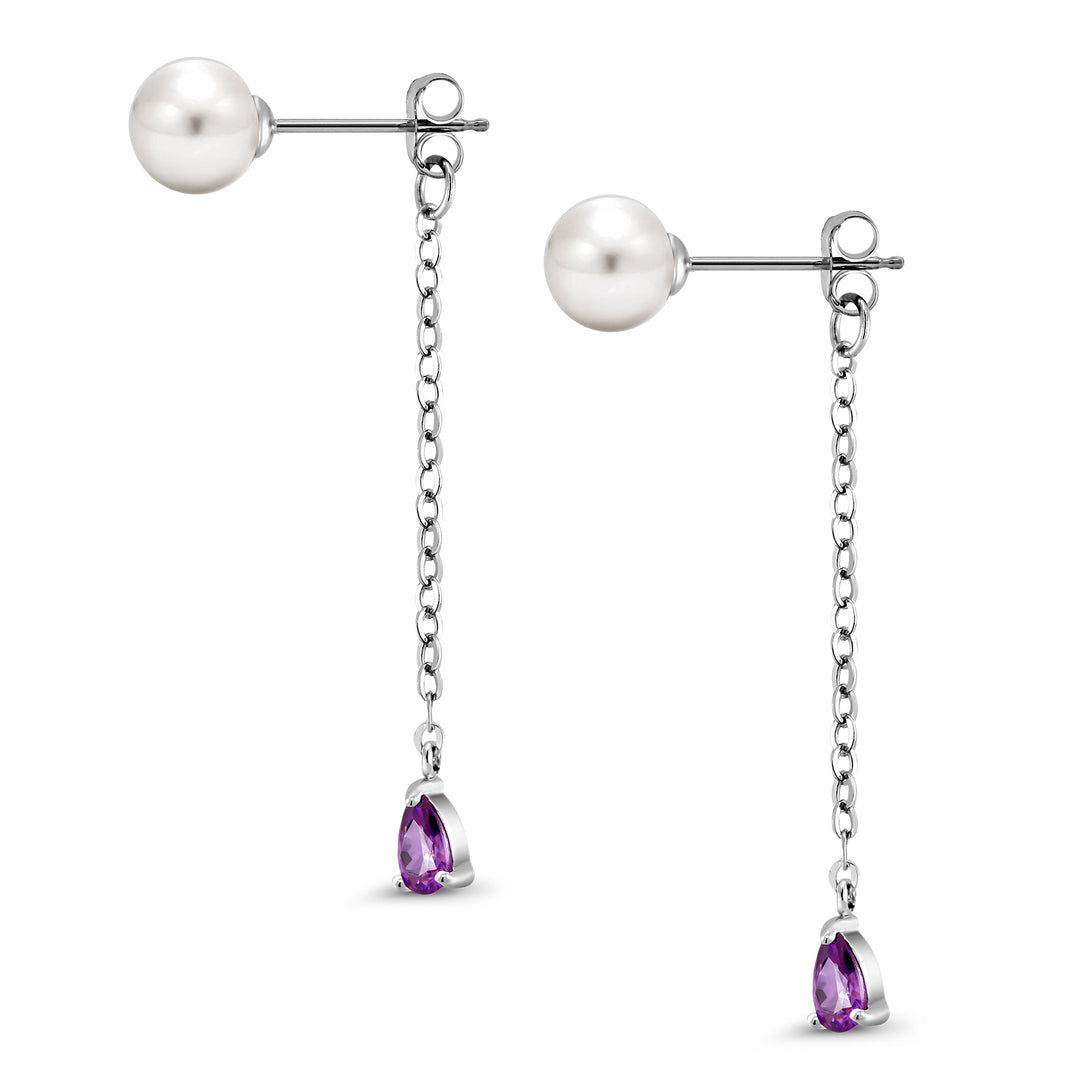 925 Silver Pearl Dangle Earrings, Silver Pearl Dangle Earrings, White Pearl Earrings, Pearl And Amethyst Drop Earrings, 2 in 1 Drop Earrings