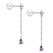 925 Silver Pearl Dangle Earrings, Silver Pearl Dangle Earrings, White Pearl Earrings, Pearl And Amethyst Drop Earrings, 2 in 1 Drop Earrings
