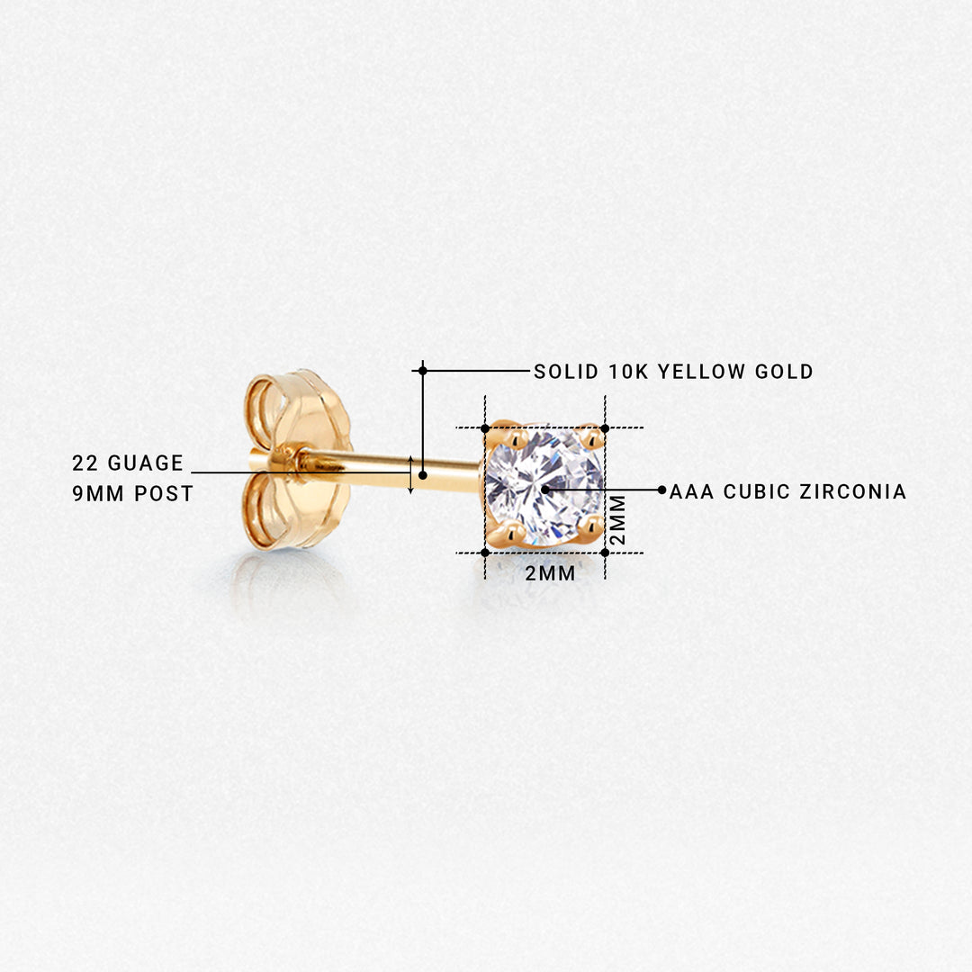 10K Solid Gold Cartilage Single 2mm Stud, Dailywear Cz Gold Stud, Tiny Stud Earrings, CZ Earrings, Cartilage Stud, 10K Tiny Stud, 10K Gold Stud