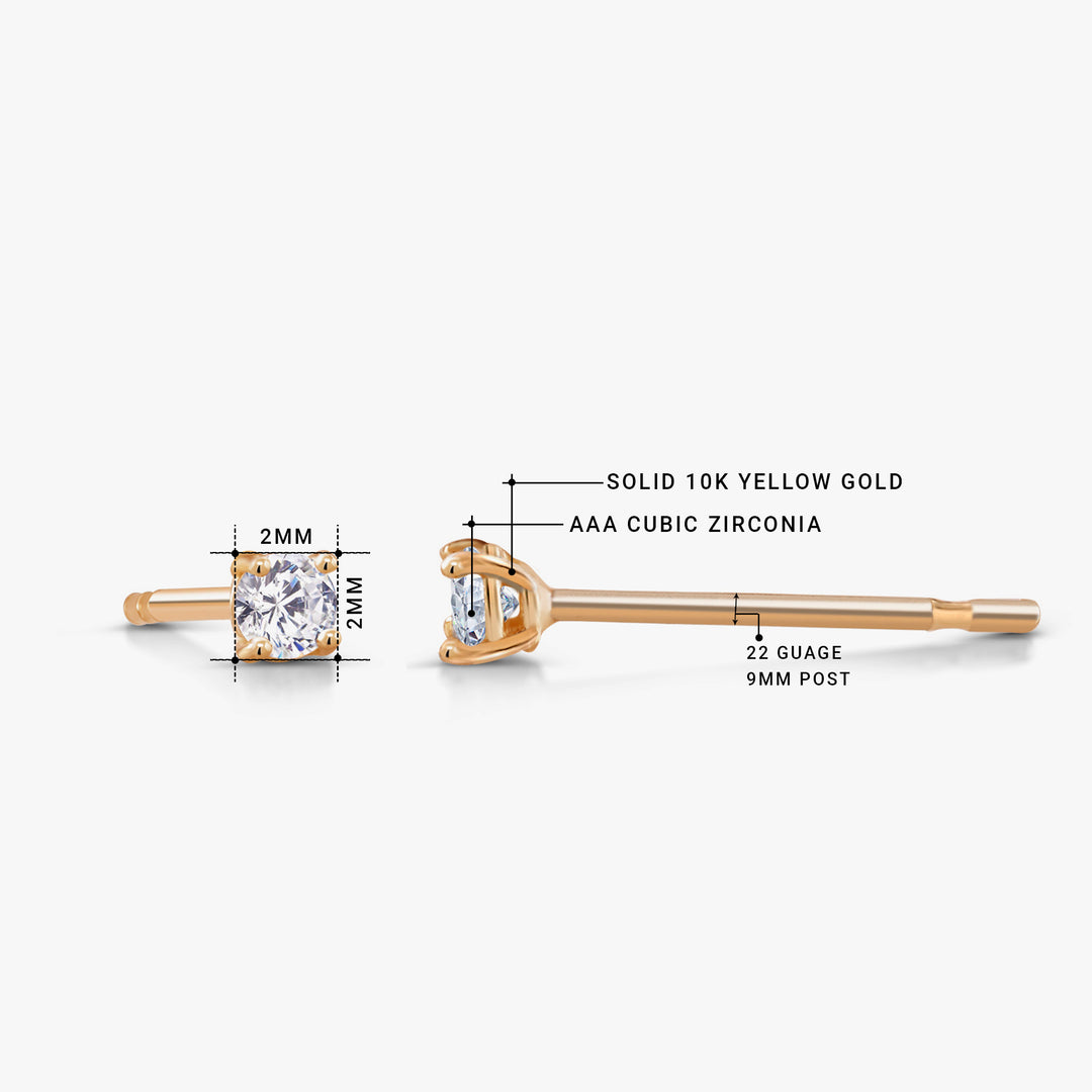 10K Solid Gold 2MM Cartilage Studs, Gold Tragus Stud, Gold CZ Stud, Tiny Stud Earrings, CZ Earrings, Cartilage Stud, 10K Tiny Stud, 10K Gold Stud