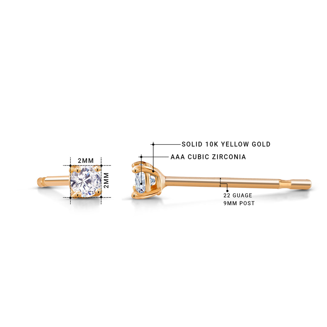 10K Solid Yellow Gold 6MM, 5MM ,4MM, 3MM & 2MM Studs, Gold CZ Earrings, Cartilage Studs, 10K Tiny Gold Stud