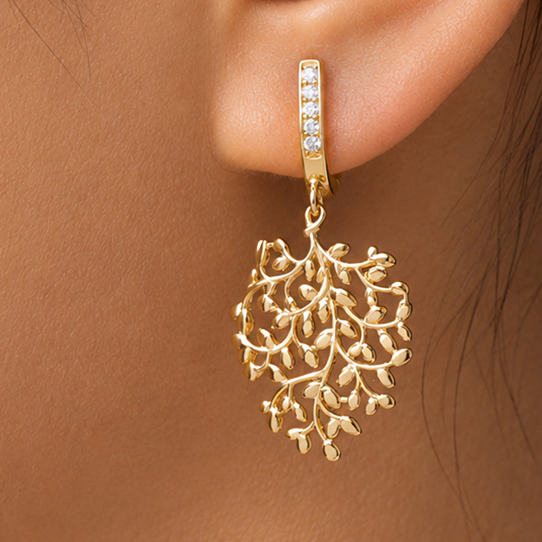 14k Gold Plated Tree of Life Dangle Earrings for Women, 925 Sterling Silver Leaf Drop Huggie Hoops with CZ, Hypoallergenic Botanical Jewelry Gift