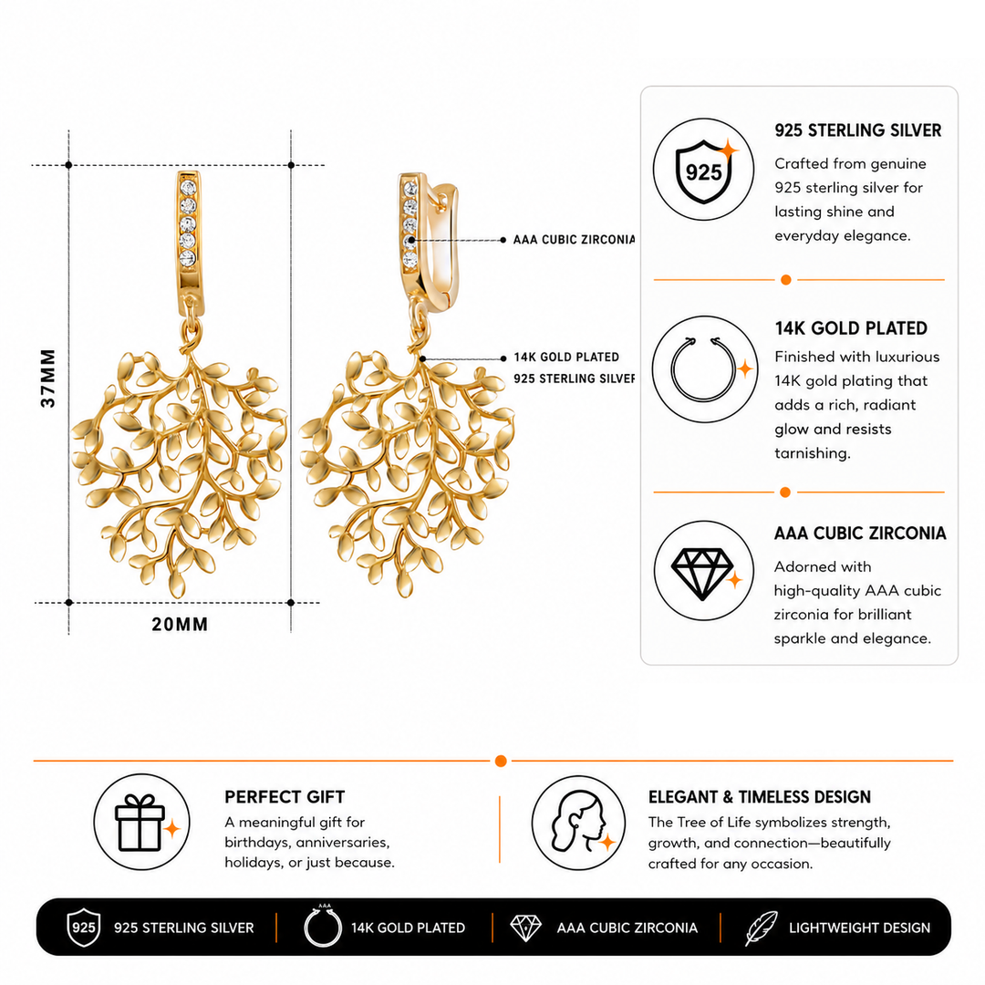 14k Gold Plated Tree of Life Dangle Earrings for Women, 925 Sterling Silver Leaf Drop Huggie Hoops with CZ, Hypoallergenic Botanical Jewelry Gift
