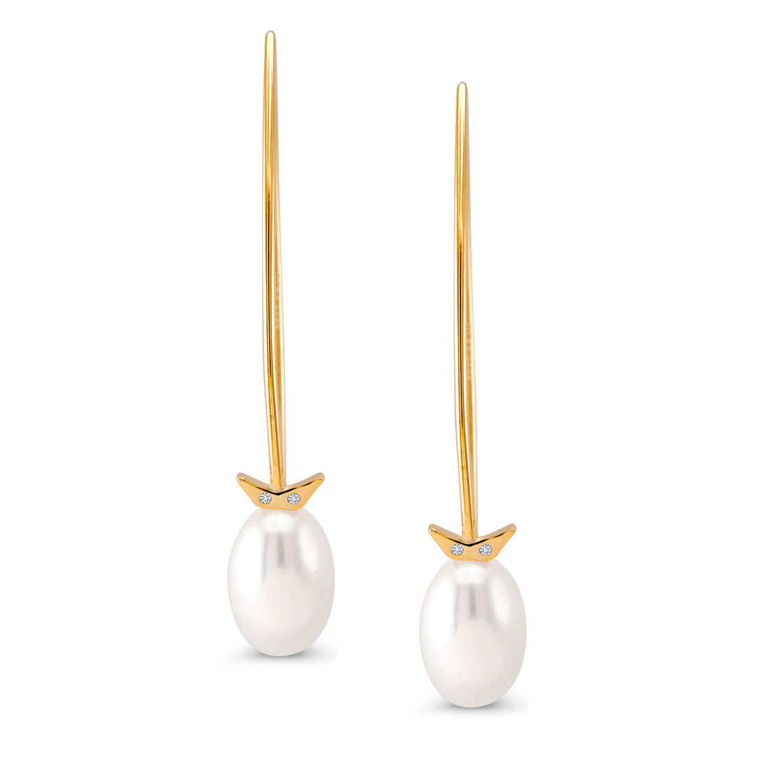 925 Sterling Silver 18k Gold Plated White Pearl Earring, Pearl Dangles, White Pearl Drops, Long Pearl Earrings, Sterling Silver, Gold Plated Silver Pearl Earrings